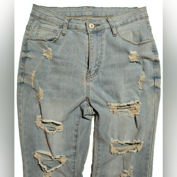 ⚫️ High Waisted Ripped Hole Distressed Light Wash Denim Skinny Jeans Medium 6 - Picture 3 of 8